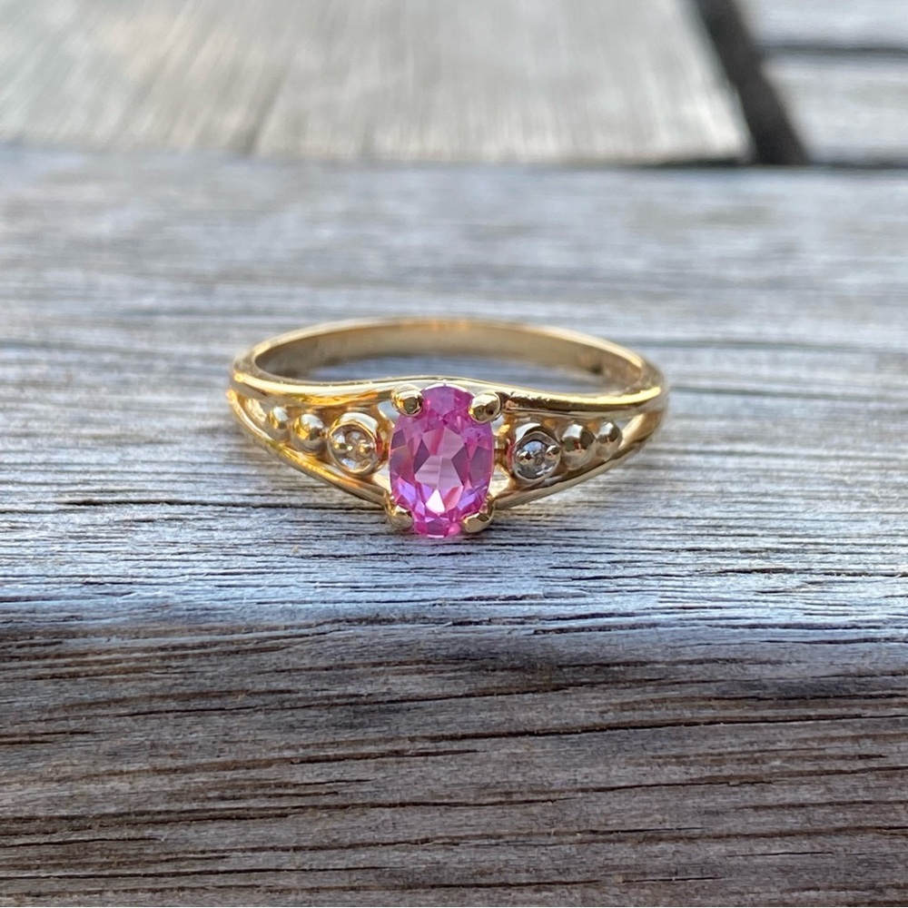 Pink Sapphire 10K Yellow Gold Ring with Diamond Accents
